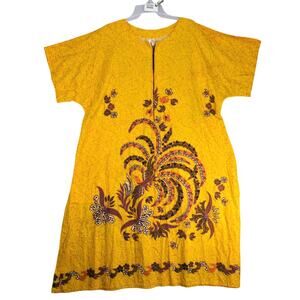Vtg E.C. Batik Kaftan Maxi Dress Sz L Golden Bird Design Pockets Zip Thailand